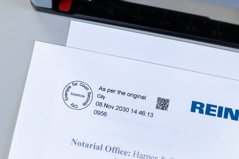 QR-Code und Stempel auf Dokument mit mobilem Drucker aufgebracht