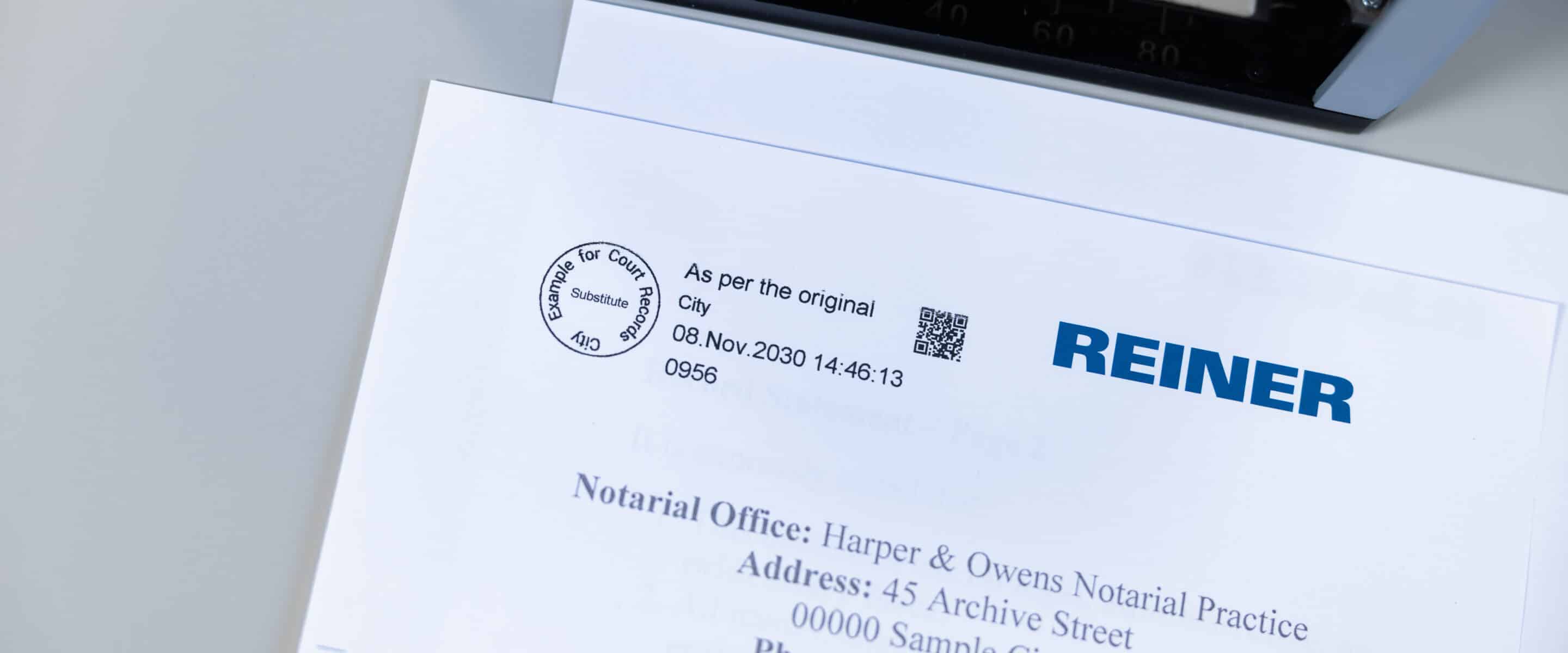 Document avec cachet d'authentification et logo REINER