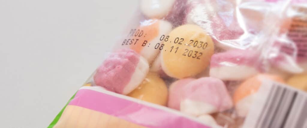 Bag of gummy bears with best-by date and lot number