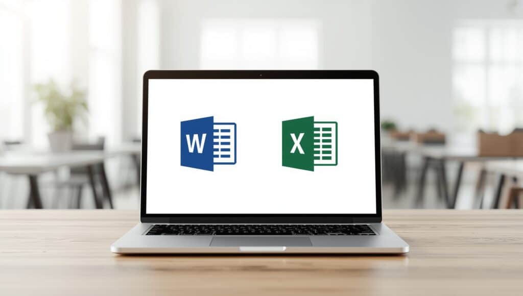 Microsoft Word and Excel symbols on laptop