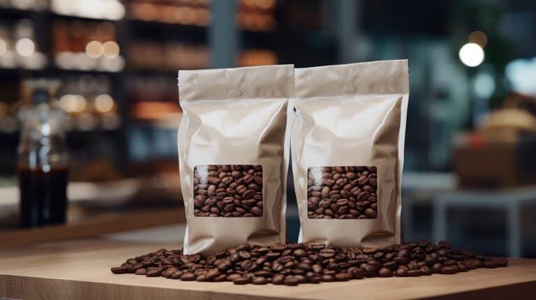 Deux sachets à fond plat contenant des grains de café et une fenêtre sur une table en bois, devant laquelle se trouvent des grains torréfiés en vrac.
