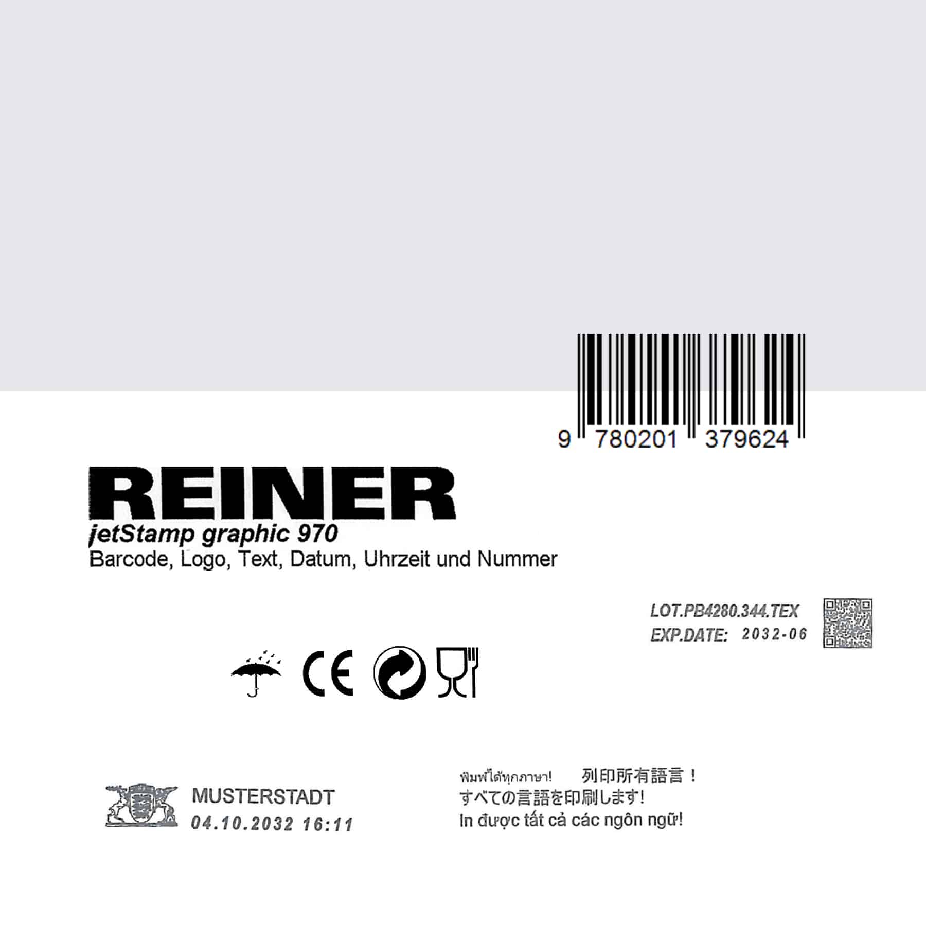 Ejemplo de impresión del REINER jetStamp graphic 970 con código de barras, logotipo, texto, fecha, hora y símbolos de etiquetado