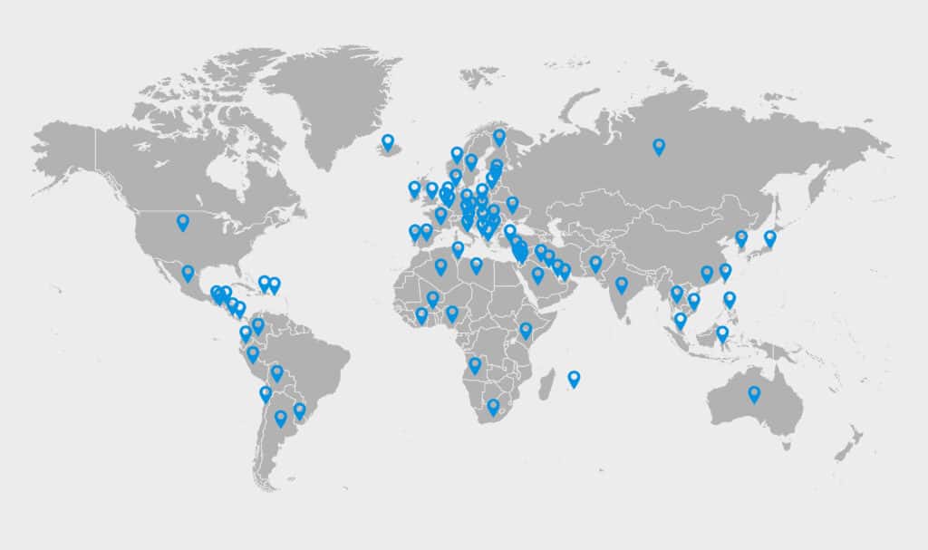 Mapa mundial con la ubicación de los distribuidores REINER en todo el mundo