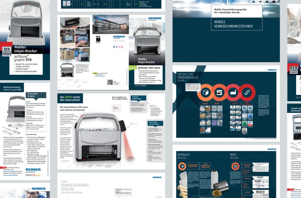 Vista general de las distintas páginas de productos y aplicaciones de los dispositivos de etiquetado REINER