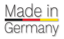 „Made in Germany“ Schriftzug mit farbiger Linie in Schwarz, Rot und Gelb